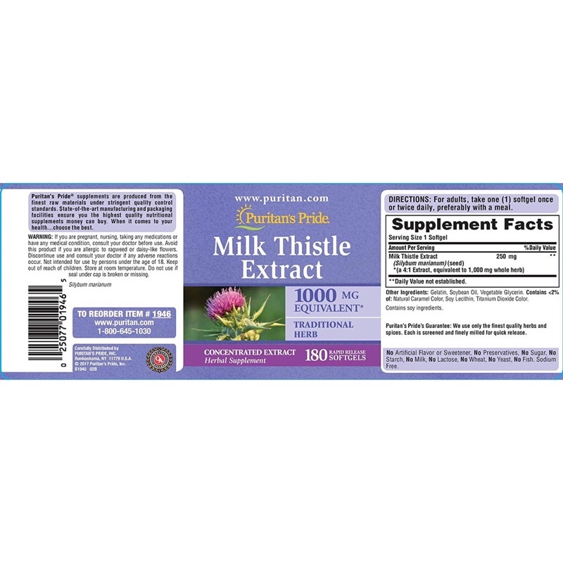 Thải độc gan, bổ gan, làm mát gan, tăng cường chức năng gan Milk Thistle Extract 1000mg 180 viên Puritan's Pride