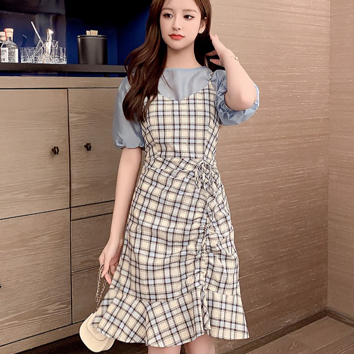 Set Áo Thun Ngắn Tay Và Đầm Yếm Sọc Ca Rô Thời Trang Đáng Yêu Cho Nữ | BigBuy360 - bigbuy360.vn