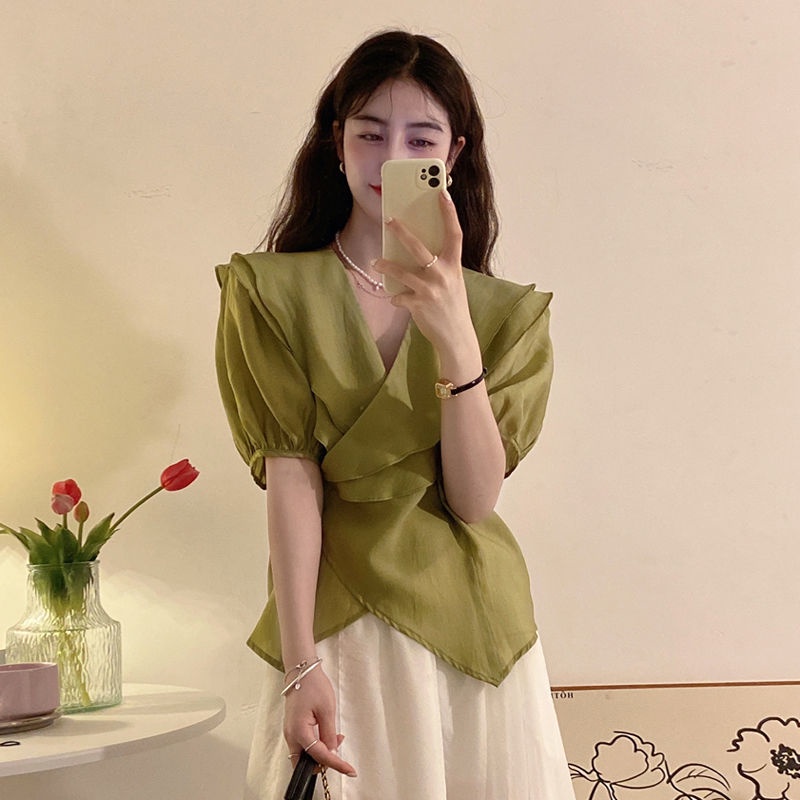 COZOKC COZOK Áo kiểu COZOK tay ngắn phối bèo thiết kế độc đáo phong cách thời trang