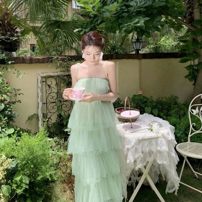 Đầm voan xanh công chúa 2 dây nhiều tầng màu danh dài quyến rũ size S/M/L chỉ có tại LUXIEU GARDEN🌸