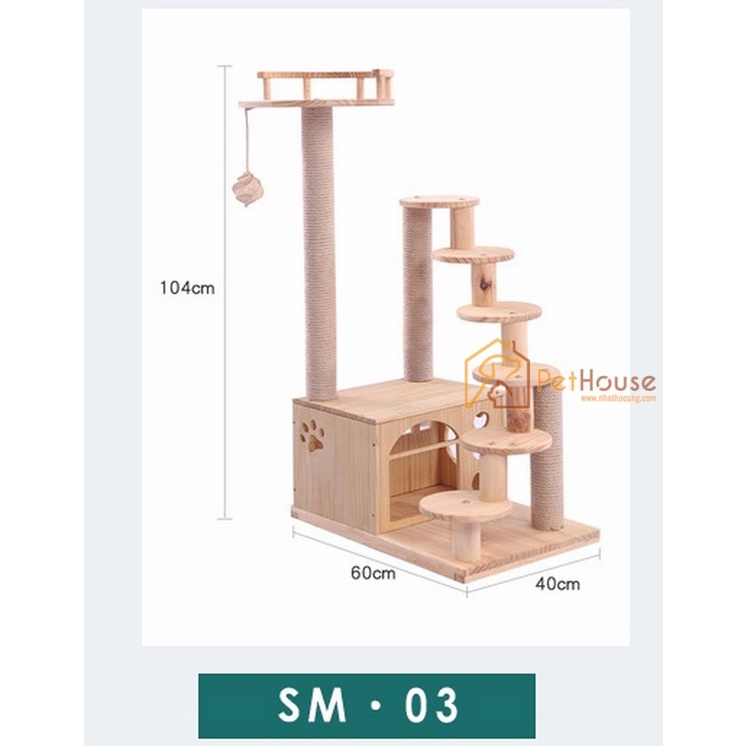 Nhà cây cho mèo đa năng loại lớn có cào móng và nhà nghỉ cattree sản gỗ thông tự nhiên