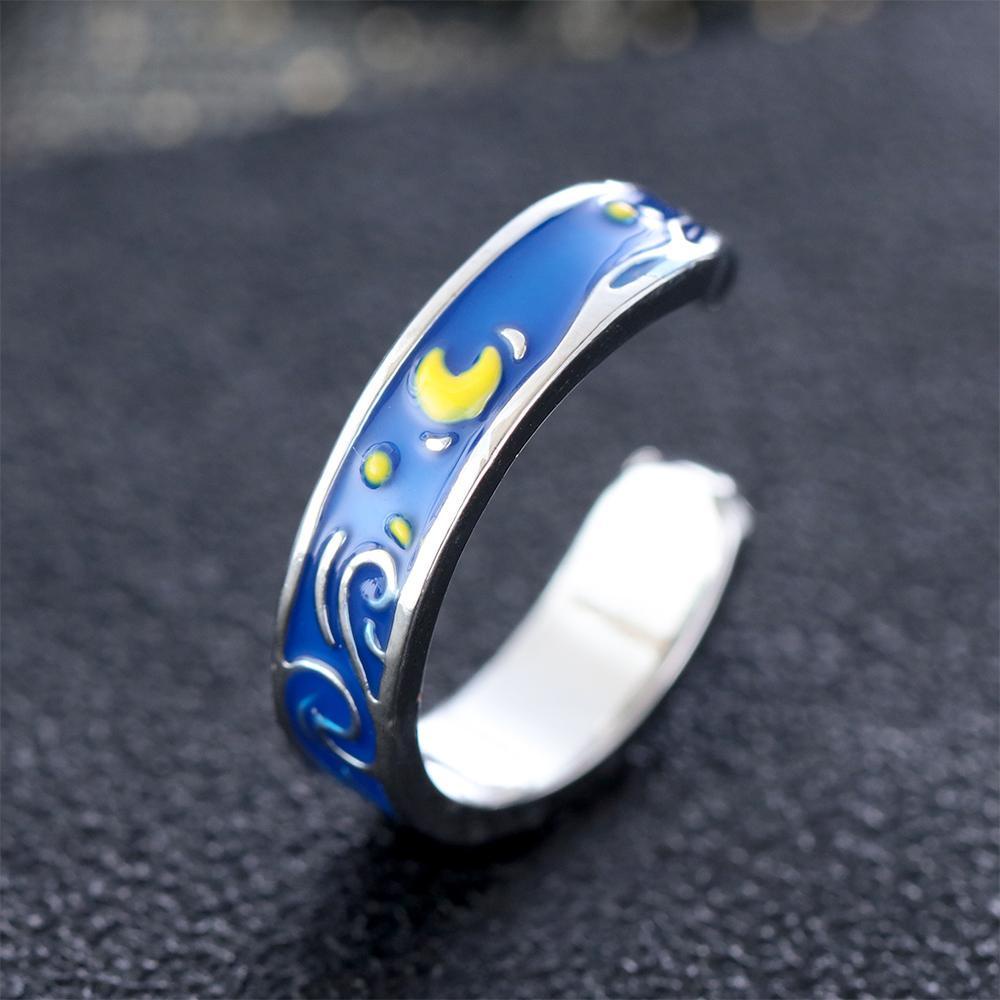 Nhẫn Cặp Họa Tiết Bầu Trời Đầy Sao Màu Xanh Dương Lãng Mạn Làm Quà Tặng Valentine / Đám Cướ