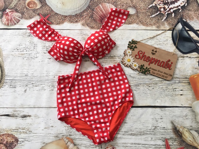 Đồ bơi bikini mút dày nâng ngực caro đỏ bèo vai