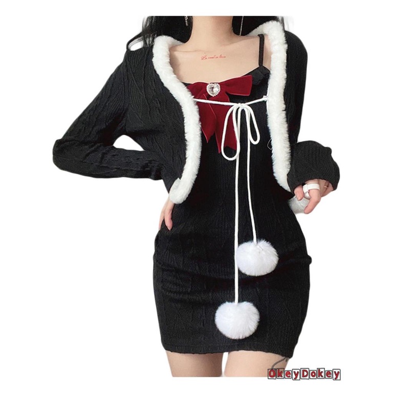 Đầm giáng sinh hai dây + áo khoác đính bóng lông dễ điều chỉnh thời trang thu đông cho nữ