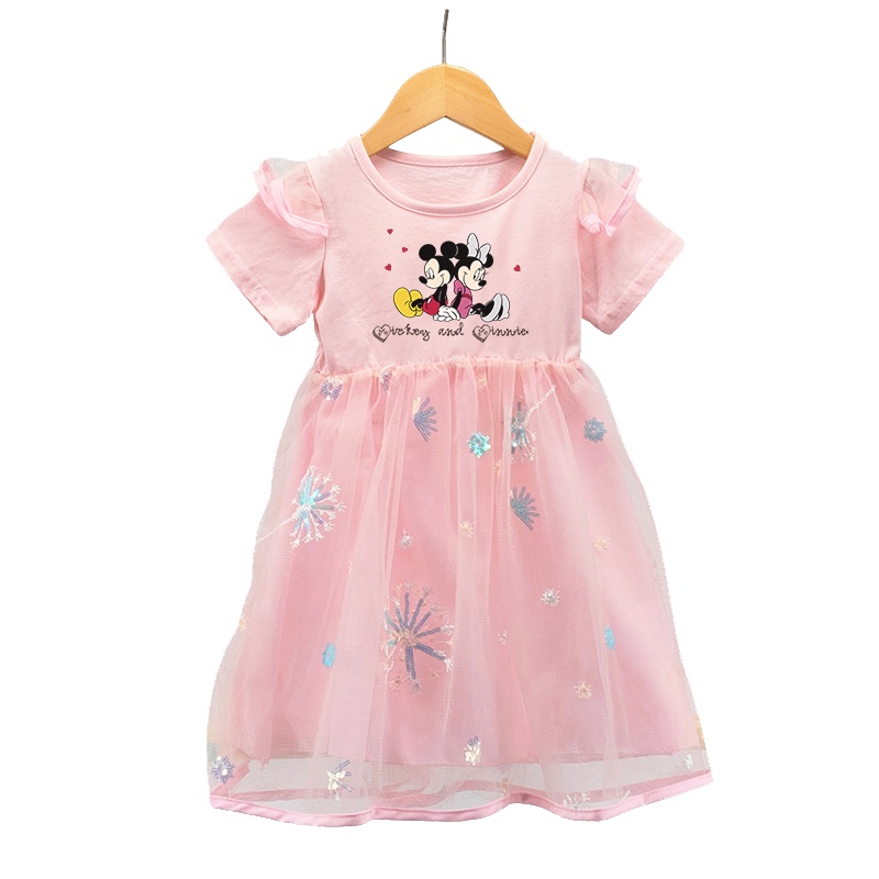 Đầm Cotton Tay Ngắn Phối Lưới Hình Chuột Mickey Lấp Lánh Cho Bé Gái 2-8 Tuổi