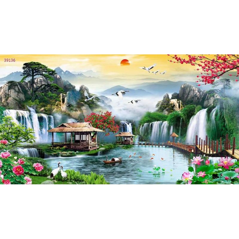 Tranh dán tường 3D phong cảnh nhận in theo yêu cầu