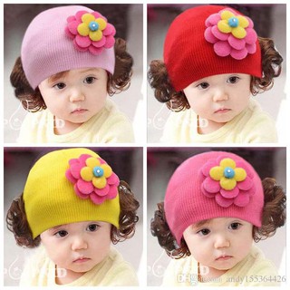 Mũ len kute có 2 bím tóc cho bé gái *hồng-vàng