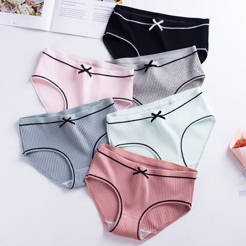 Quần Lót Cotton Tăm Viền Kẻ Phối Nơ Cao Cấp 028