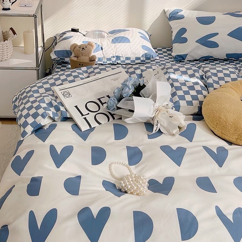 Bộ Chăn Ga Gối Cotton 3D poly trái tim nhiều màu sắc phong cách Hàn Quốc cotton mềm mịn mát tặng kèm vỏ gối ôm cùng bộ