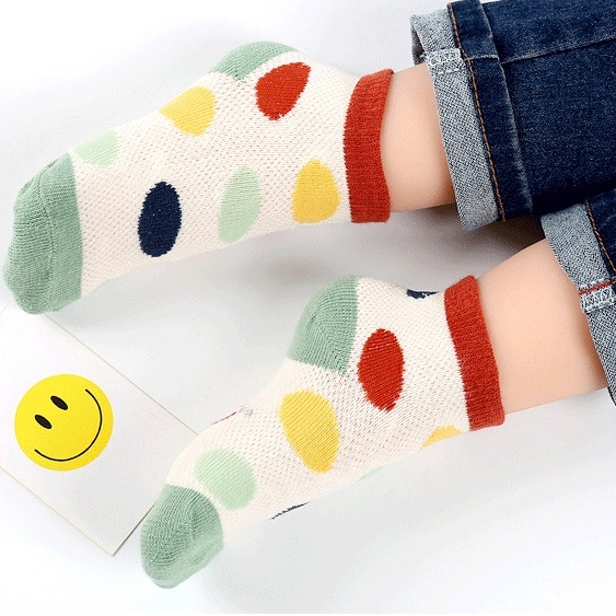 Set 5 Đôi Tất Cotton Phối Lưới Thoáng Khí Họa Tiết Khủng Long / Chấm Bi Cho Bé 1-12 Tuổi