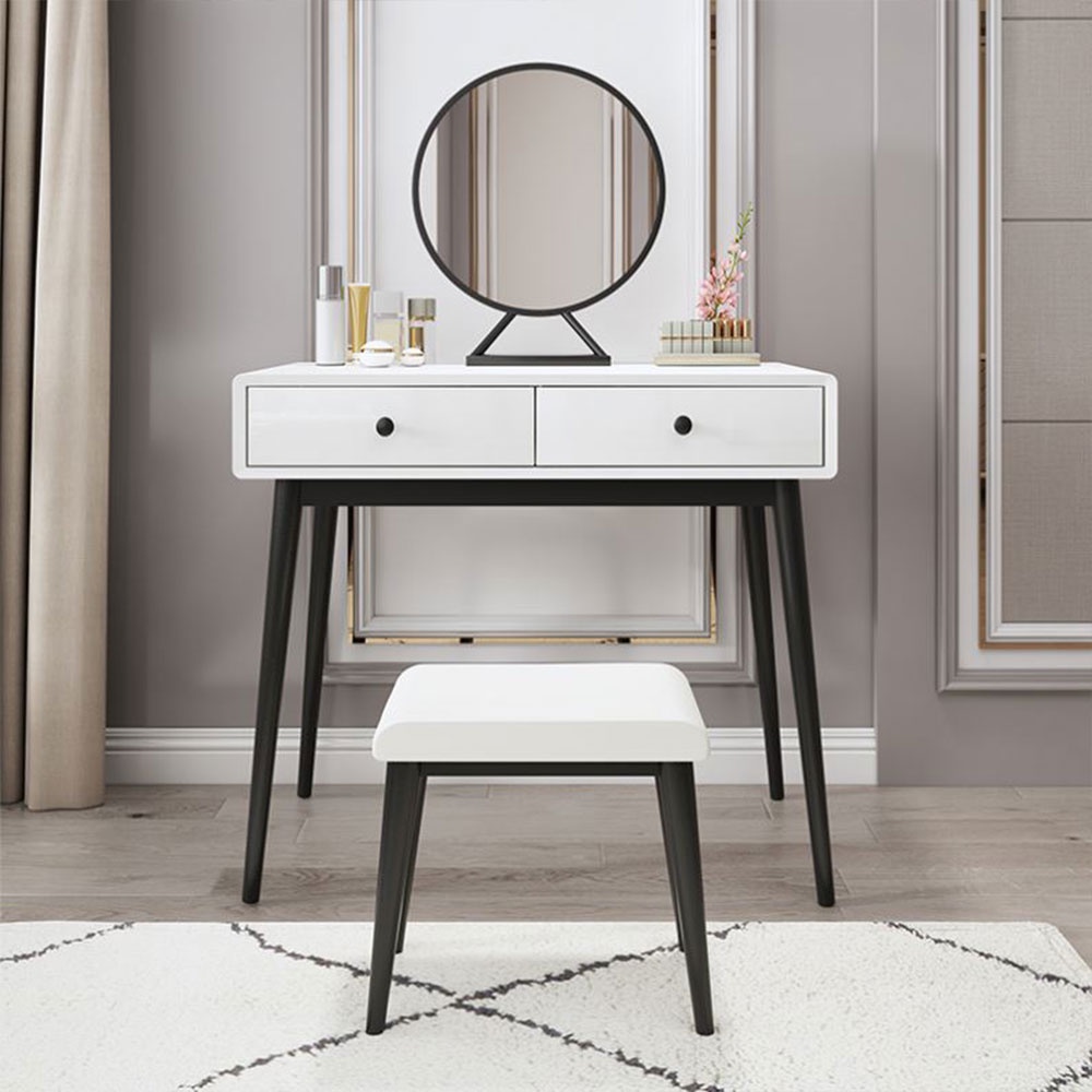Bộ bàn trang điểm phòng ngủ 2 ngăn kéo IBIE Marta có gương tròn, mặt gỗ MDF sơn PU, chân sắt ống col sơn tĩnh điện