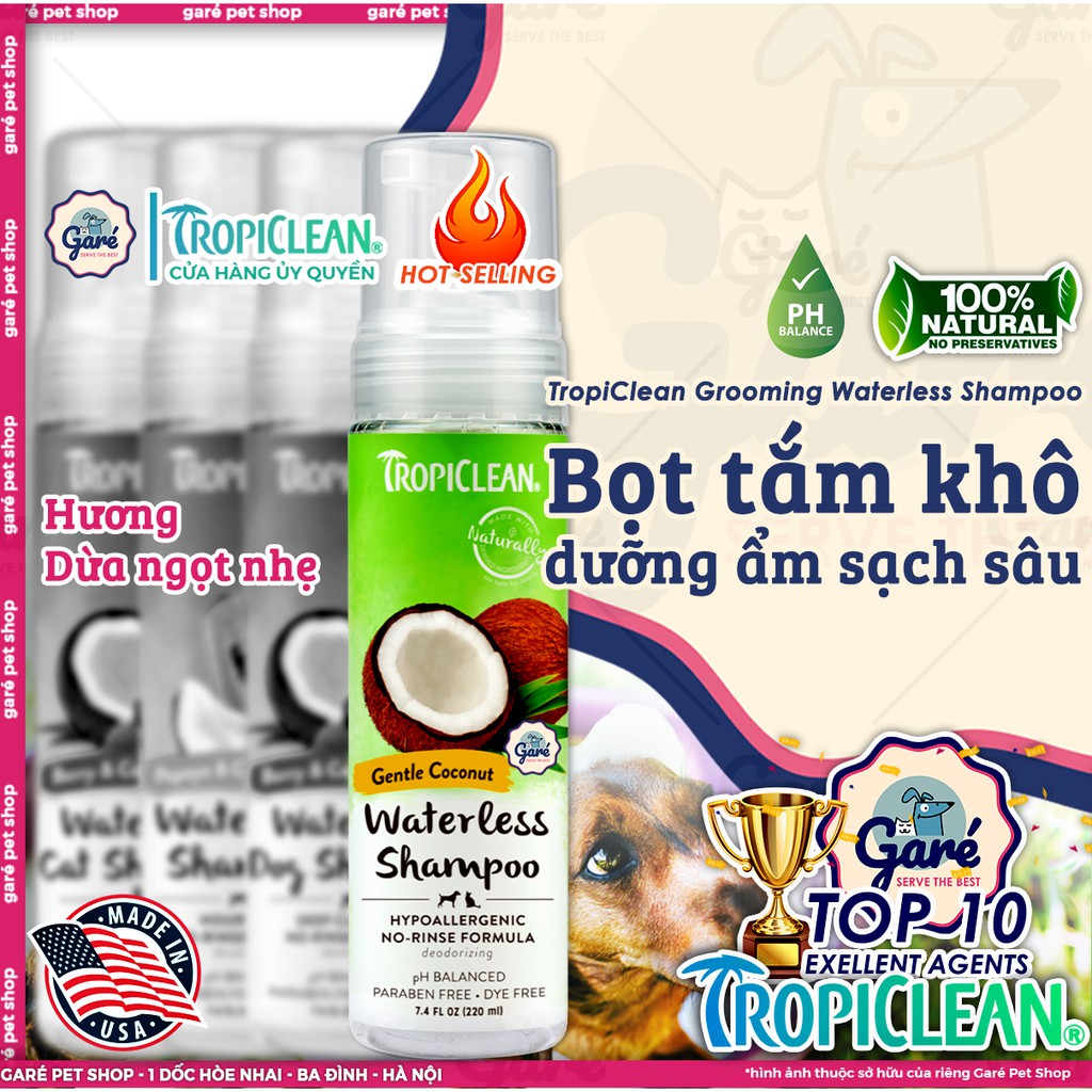 220ml - Bọt tắm khô Berry &amp; Coconut Dogs sạch sâu TropiClean Waterless Shampoo thiên nhiên dưỡng ẩm sạch sâu dành cho Ch