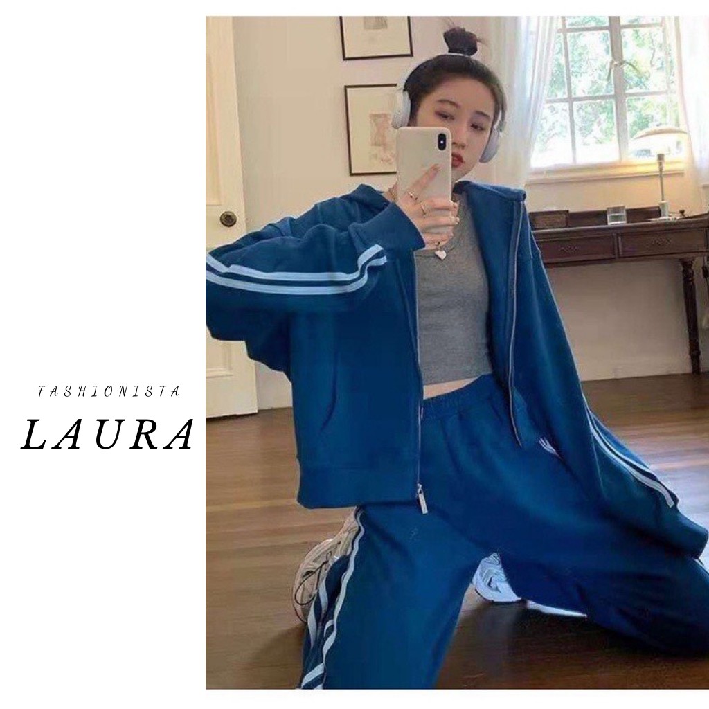 Set áo khoác nỉ dài tay 3 sọc kèm quần dài bo ống Laura Boutique - Set áo khoác quần thụng kẻ sọc xám năng động | BigBuy360 - bigbuy360.vn