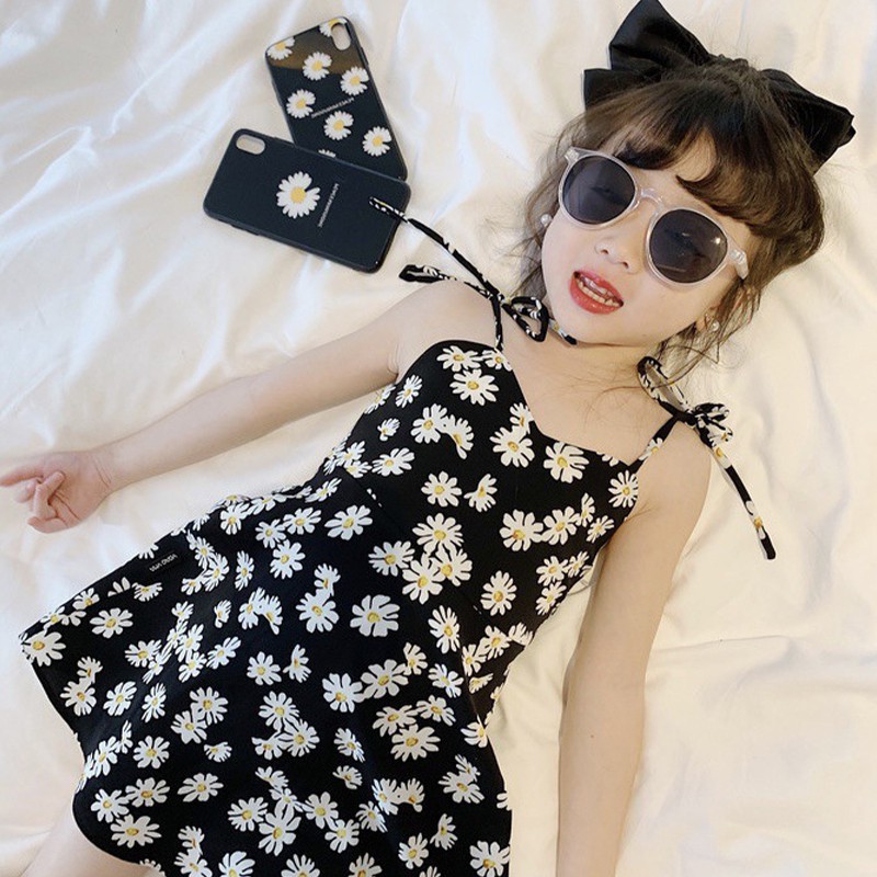Đầm hai dây in họa tiết hoa cúc phong cách Nhật Bản thời trang mùa hè dành cho bé gái