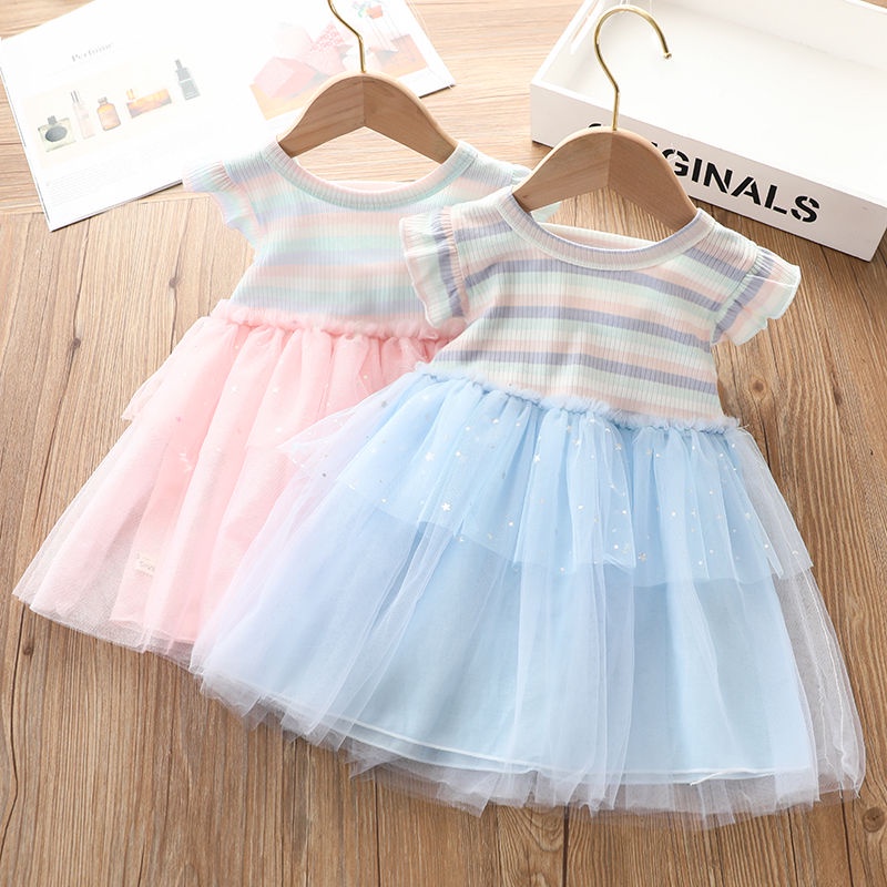 Đầm Công Chúa Kẻ Sọc Phối Ren Lưới Mùa Hè Hàn Quốc Mới Cho Bé Gái