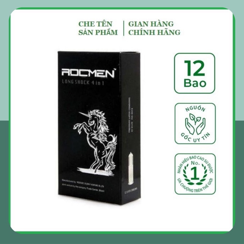 Bao cao su Cao Cấp ROCMEN ĐEN 4 IN 1. Bcs Rocmen Đen Gân-Gai-Nhiều Gel- Kéo dài thời gian yêu ( 1 Hộp BCS 12 Chiếc )
