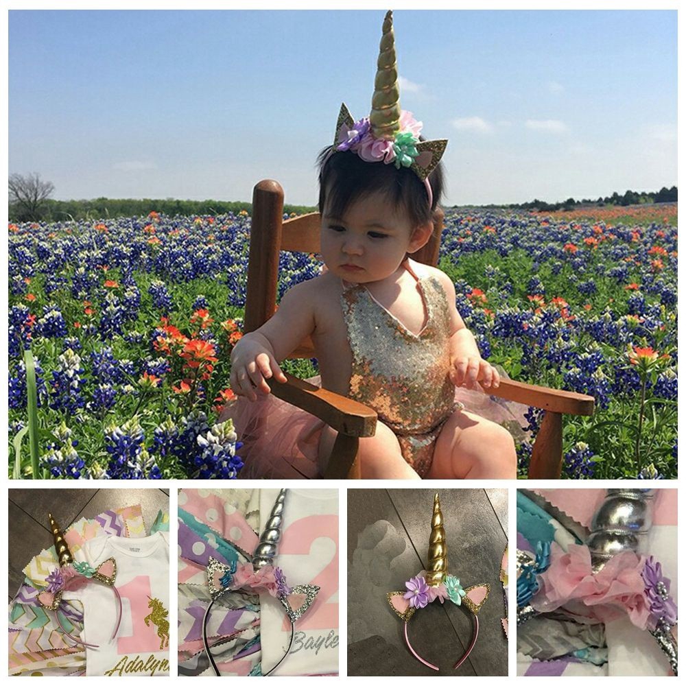 Băng đô cài tóc gắn sừng kỳ lân đính kim tuyến long lanh