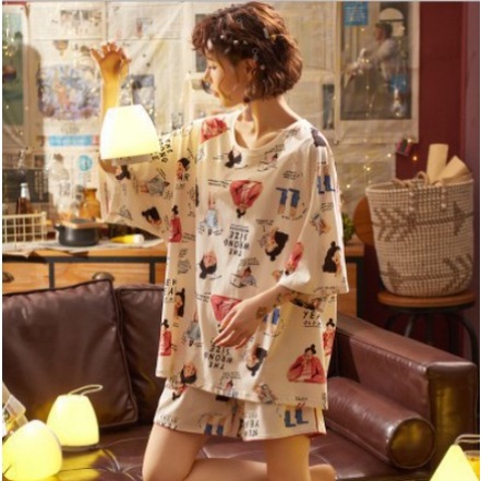 Bộ đồ mặc nhà cọc tay họa tiết xinh tươi mặc thoải mái khi đi ngủ