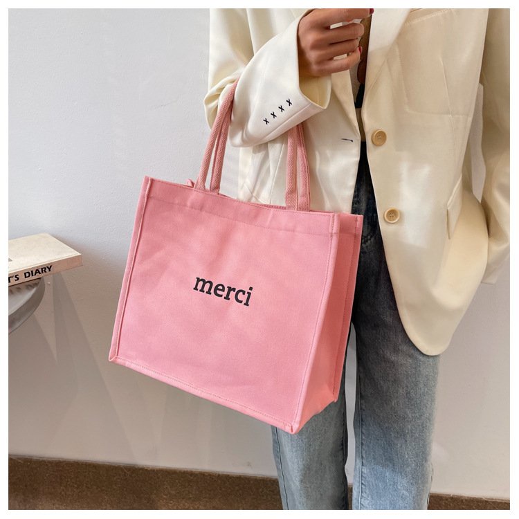Túi tote vải canvas nữ đeo vai in chữ MERCI phong cách thời trang trẻ trung