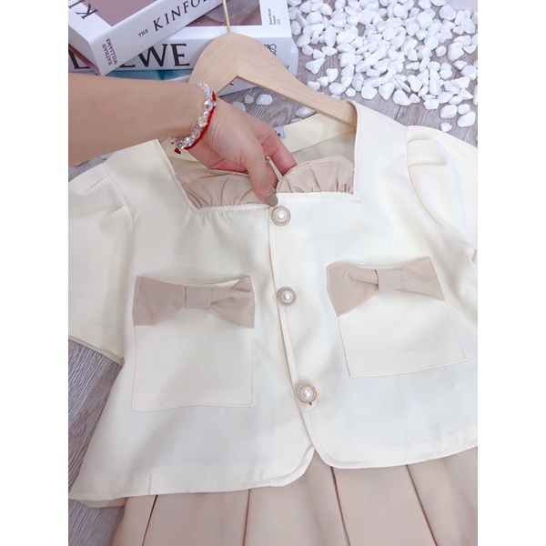 SET ÁO CROP VIỀN BÈO NGỰC TÚI ĐÍNH NƠ + CHÂN VÁY MIDI