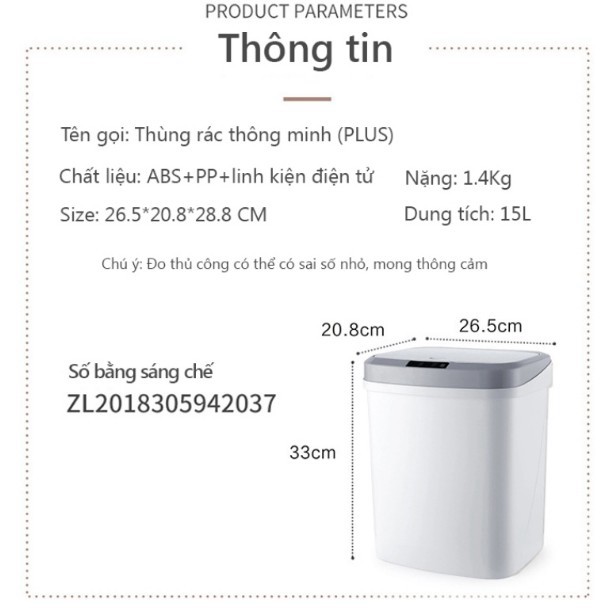 [CAO CẤP] Thùng Rác Thông Minh Tự Động Đóng Mở 15 Lít- Thùng Rác Cảm Ứng Siêu Tiện Lợi  Kèm Dây Sạc Điện