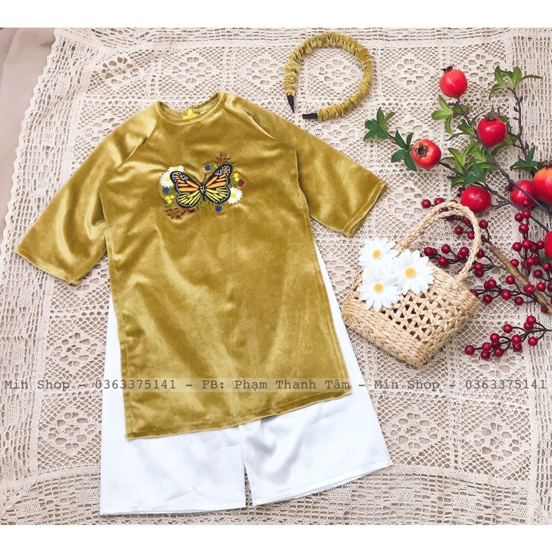 Set áo dài nhung thêu vàng cho bé gái