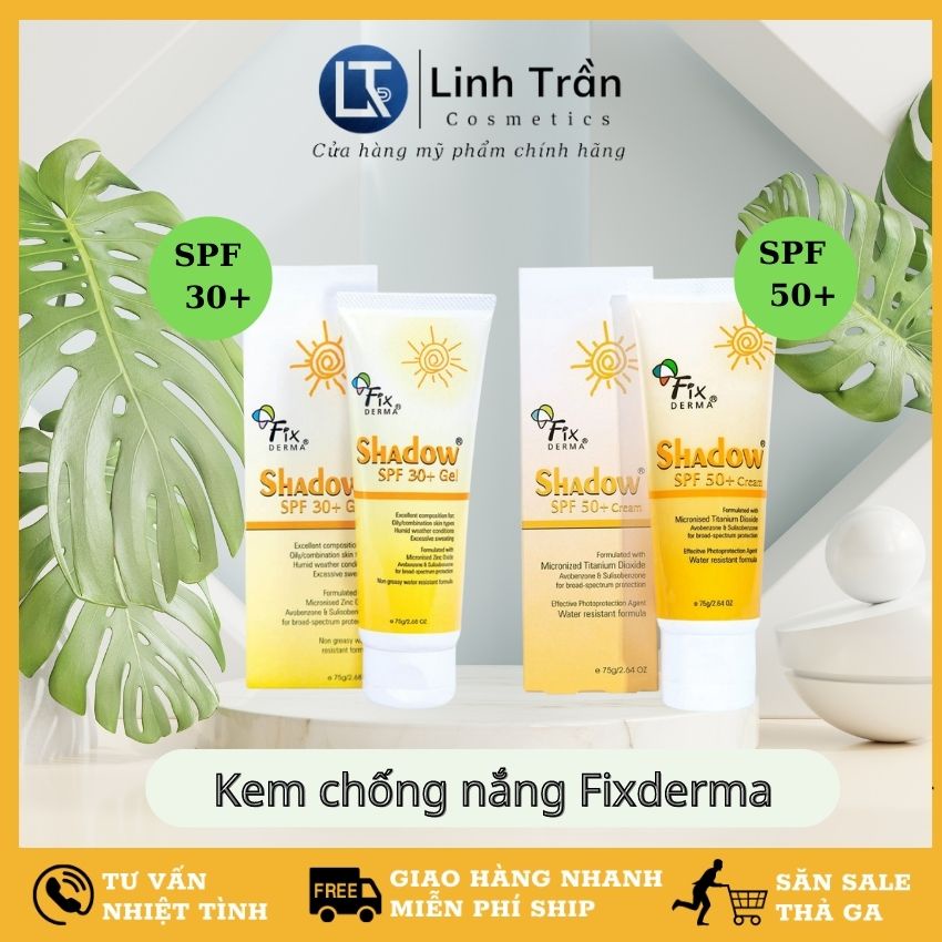 Kem chống nắng Fixderma Shadow SPF 50+ 30+, dạng kem mỏng nhẹ không gây bí da dưỡng ẩm dành cho da dầu và mọi loại da