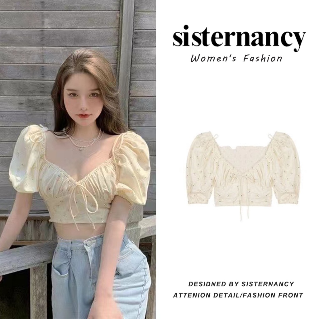 Áo kiểu COZOKC dáng ngắn tay phồng cổ chữ V xinh xắn dành cho nữ