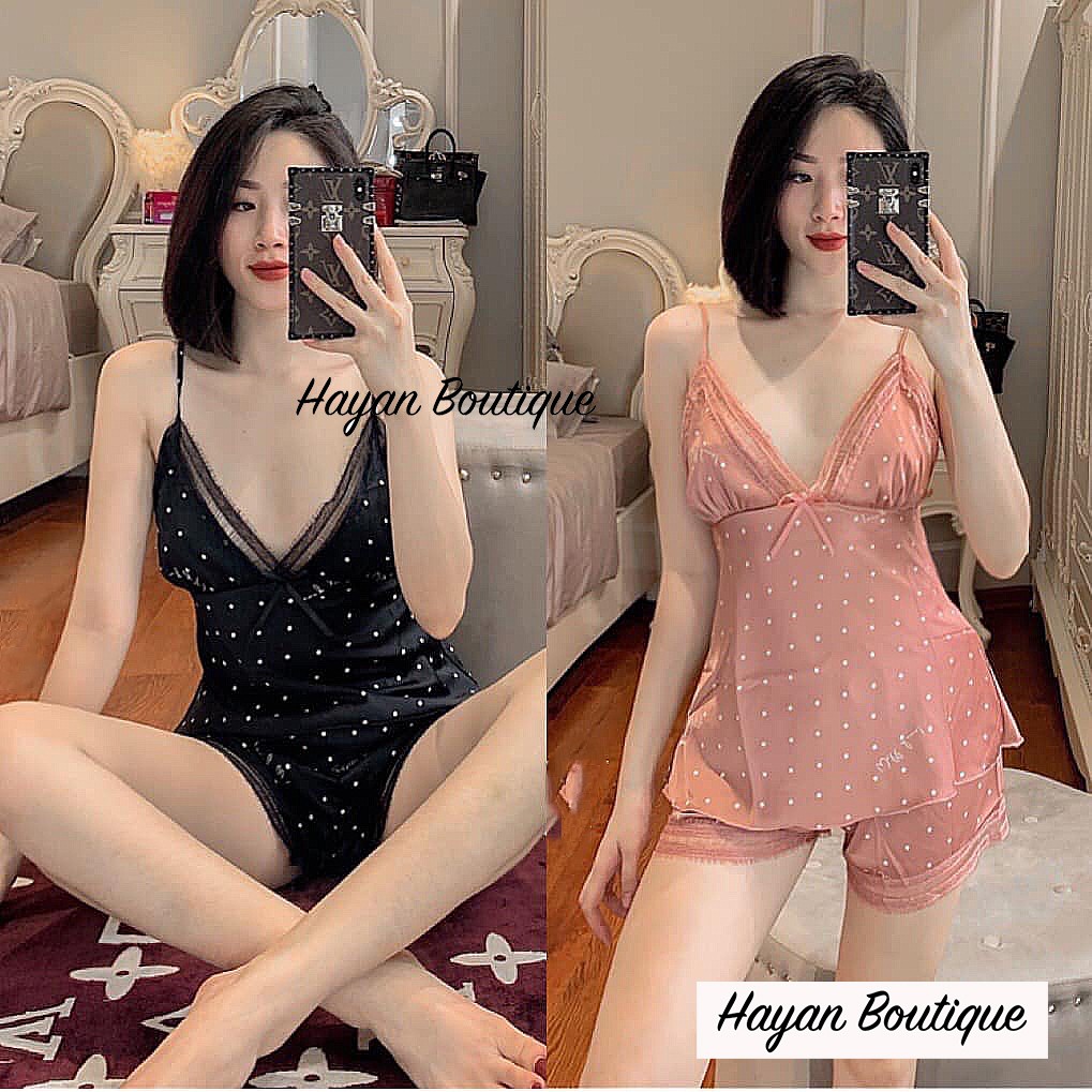 Bộ ngủ sexy chấm bi dễ thương, bộ mặc nhà quyết rũ KÈM LÓT NGỰC - QUẢNG CHÂU #HT45