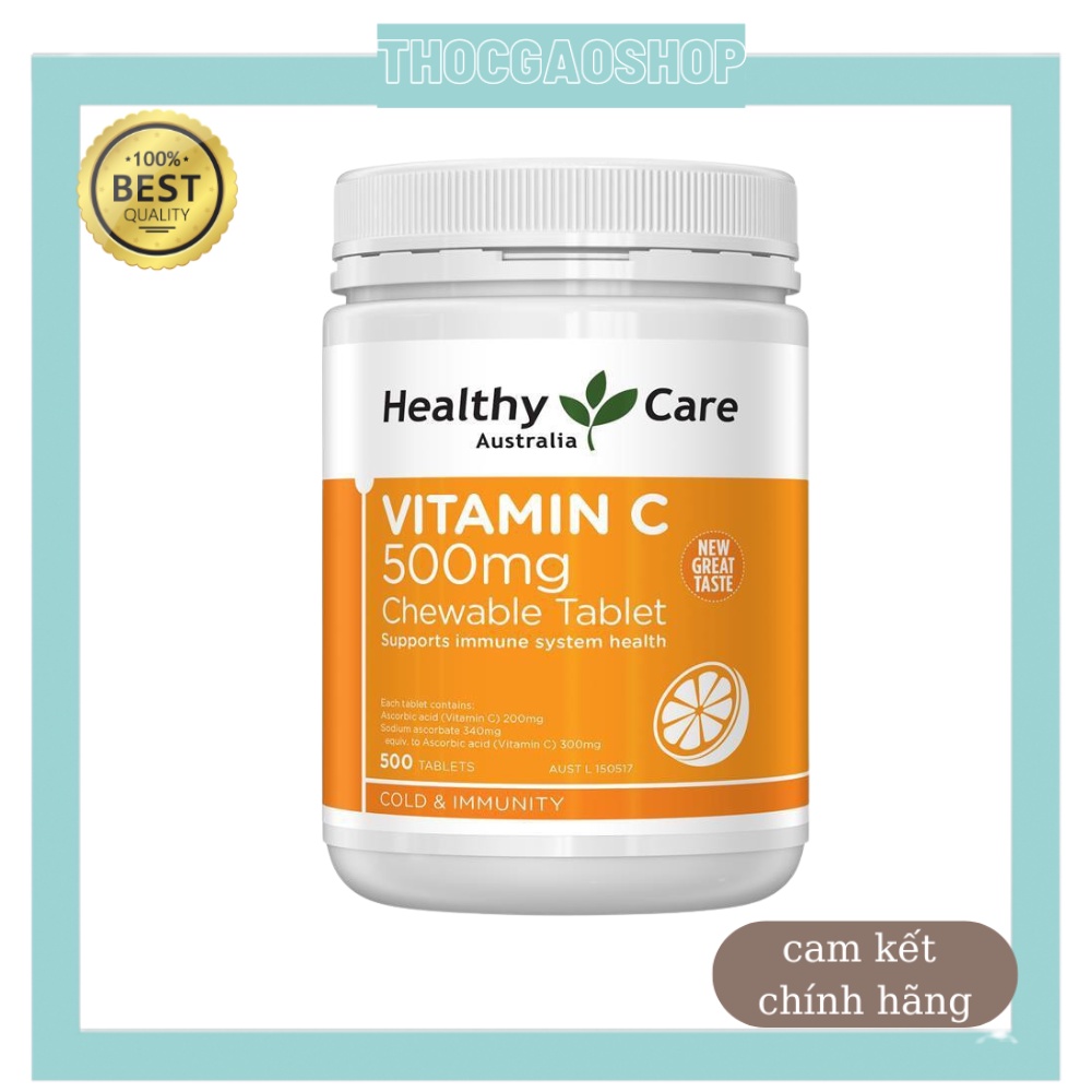 Viên nhai mềm Healthy Care Vitamin C 500mg lọ 500 viên nội địa Úc giúp tăng sức đề kháng, sáng da, mờ thâm nám