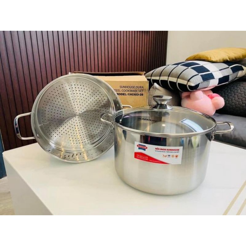 NỒI XỬNG HẤP 2 TẦNG  INOX NẮP KÍNH CAO CẤP SUNHOUSE 28CM