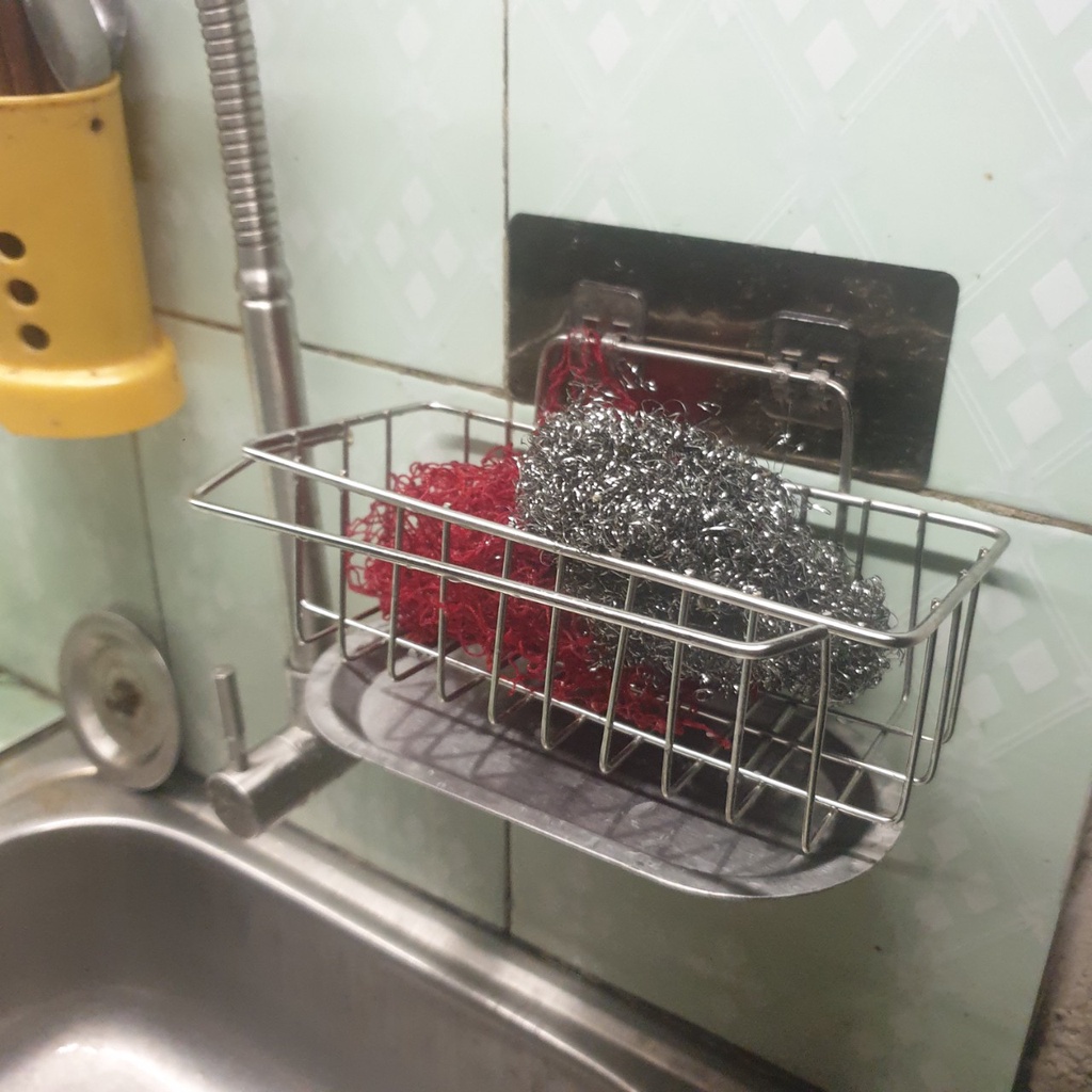 Khay Inox gắn vòi đựng đồ rửa bát , Giá Inox dán tường để đồ nhà bếp đa năng tiện lợi