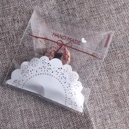 Túi dán đựng bánh kẹo cookies/socola Hand Made thắt nơ ren trắng set 10 túi