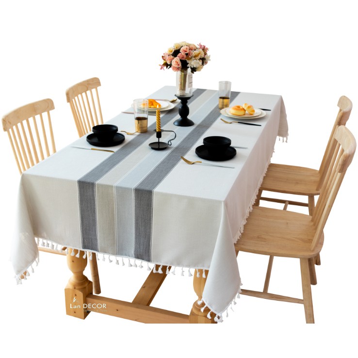 Khăn trải bàn Landecor nền trắng sọc kem xám sang trọng - TB453