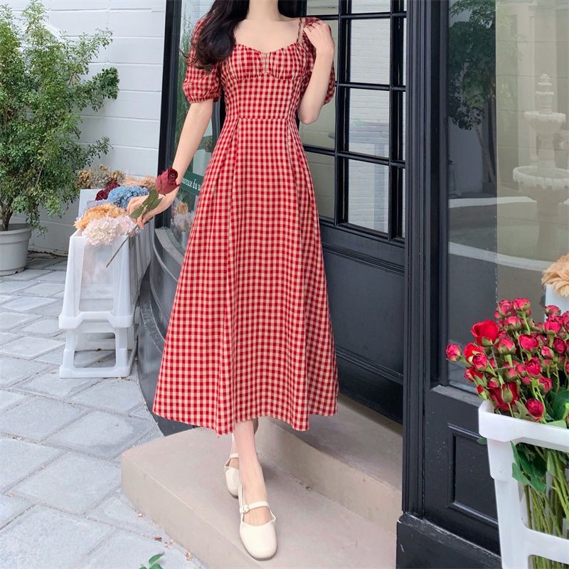 Váy babydoll Đầm Dáng Chữ A Họa Tiết Kẻ Sọc Đỏ Phong Cách Pháp Cổ Điển Thời Trang Mùa Hè 2022 Mới Cho Nữ