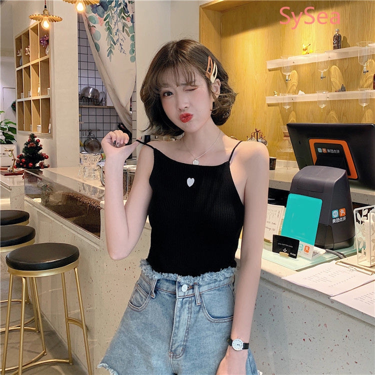 Áo yếm dệt kim thêu họa tiết trái tim dáng ôm dành cho nữ