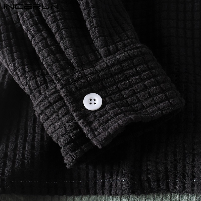 Áo Sơ Mi INCERUN Tay Dài Họa Tiết Kẻ Ô Lưới Thời Trang Dành Cho Nam