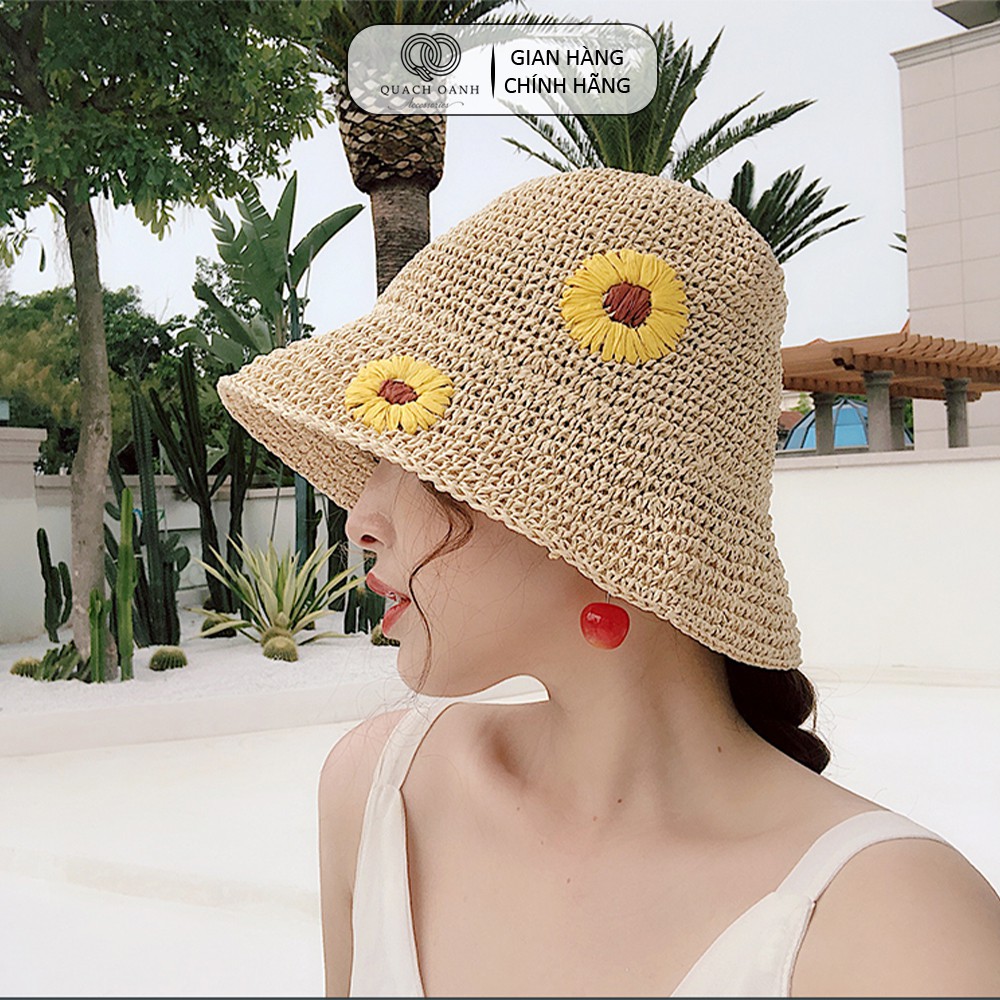 Mũ nón cói QO ACCESSORIES vành rộng hoa cúc cho mẹ và bé đi biển mùa hè MU38