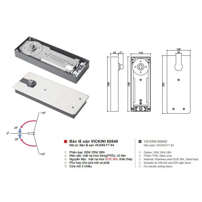 phụ kiện Bản lề sàn VICKINI 60840.001 - 105KG giá rẻ