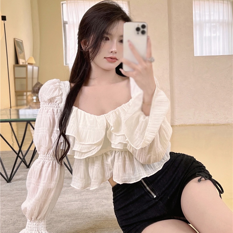 Áo croptop tay dài phồng cổ vuông dáng ôm chất liệu chiffon thời  cho nữ trang Hàn Quốc cổ điển