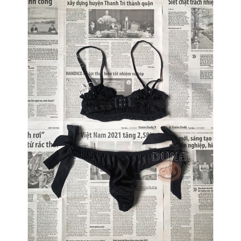 Bikini Đồ Bơi Đi Biển 2 Mảnh đen lụa satin 2 dây dún ngực lọt khe buộc nơ không gọng hack mông sexy quyến rũ