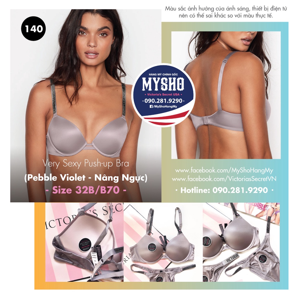 (Hàng Auth) Áo lót xám 32B, B70 đính đá (140) nâng ngực, dòng Very Sexy Pebble Violet - Victoria's Secret USA