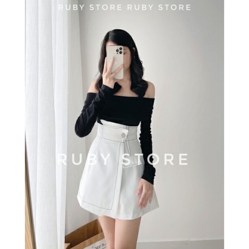 Set áo bẹt vai tay dài len kèm chân váy viền chỉ xịn xò