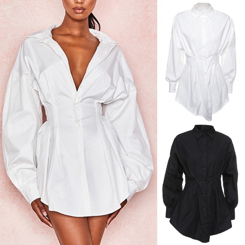 Đầm Dáng Suông Cổ Chữ V Tay Phồng Cài Nút Gợi Cảm Cho Nữ