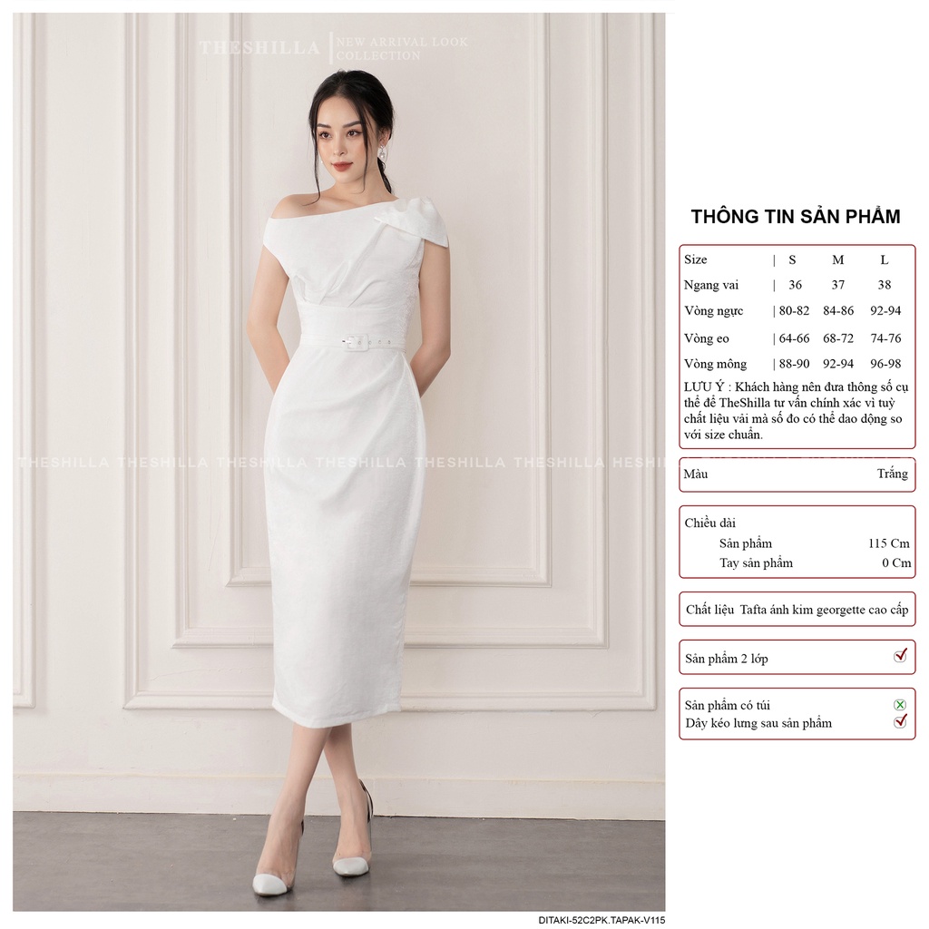 Váy thiết kế cao cấp màu trắng body lệch vai nơ kèm thắt lưng [ Có video + Ảnh thật ] The Shilla - Ditaki-52C2