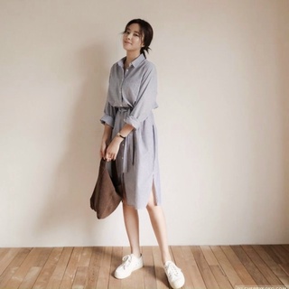 Đầm váy freesize sơ mi suông sọc đen xẻ tà