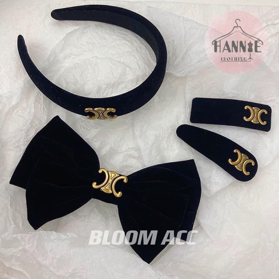 Set 4 Phụ Kiện Bờm Tóc Kẹp Tóc  Mái Nơ Băng Đô Cài Tóc Chất Nhung  Màu Đen  Tiêu Thư Sang Cảnh CÊ LI