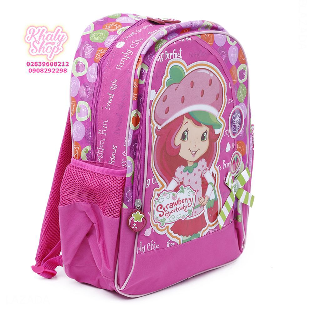 Balo 16&quot; hình bé dâu Strawberry Shortcake đội nón màu hồng đính nơ xanh lá dành cho học sinh bé gái - BLBDNOX16