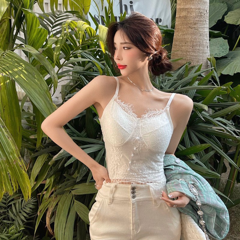 Áo Bra Ren 2 Dây Đính Khuy Dáng Croptop Chiết Eo Tôn Dáng Chun Lưng Co Giãn B.187