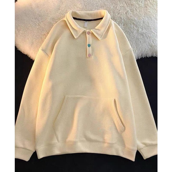 Áo polo dài tay cúc tim Unisex - Sweater form rộng phồng kiểu dáng basic cute hàn quốc ulzzang